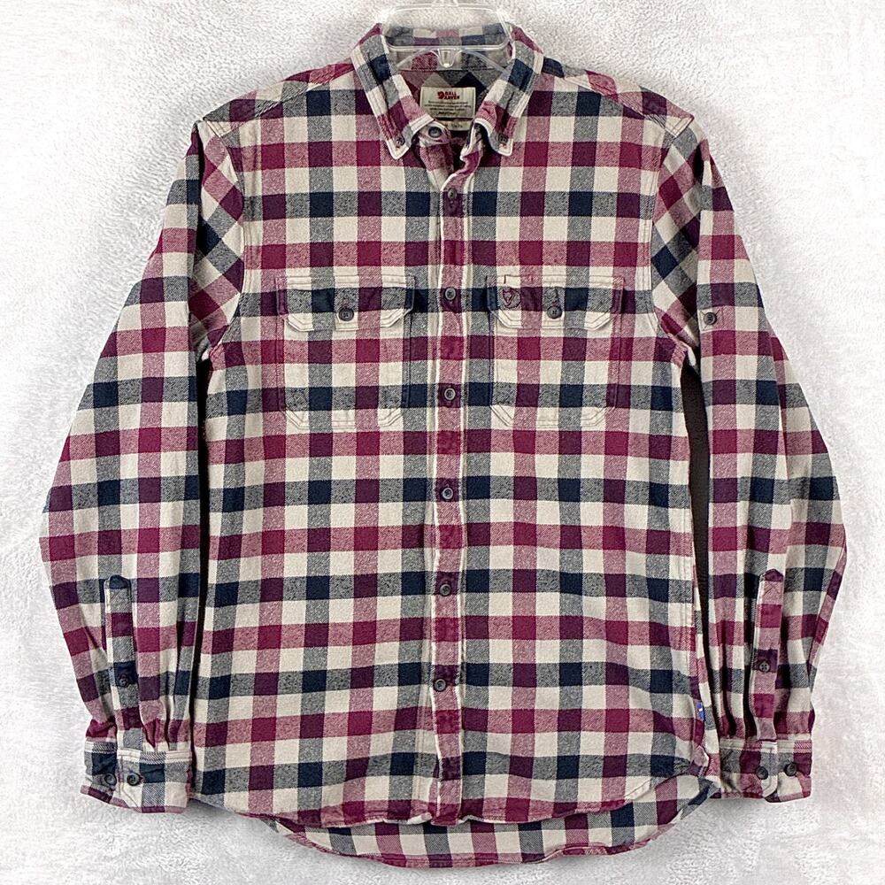 FjallRaven Flannel Shirt Mens M Skog Red Black Plaid Slim Preppy Outdoor Hiking
